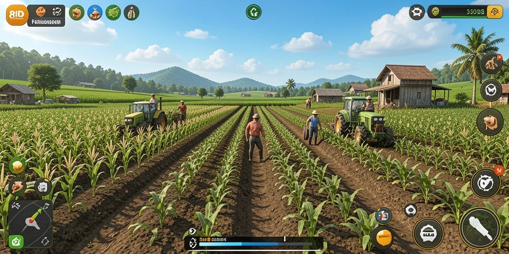 Tampilan gameplay menarik di 8ID, penuh warna dan aktivitas pertanian.