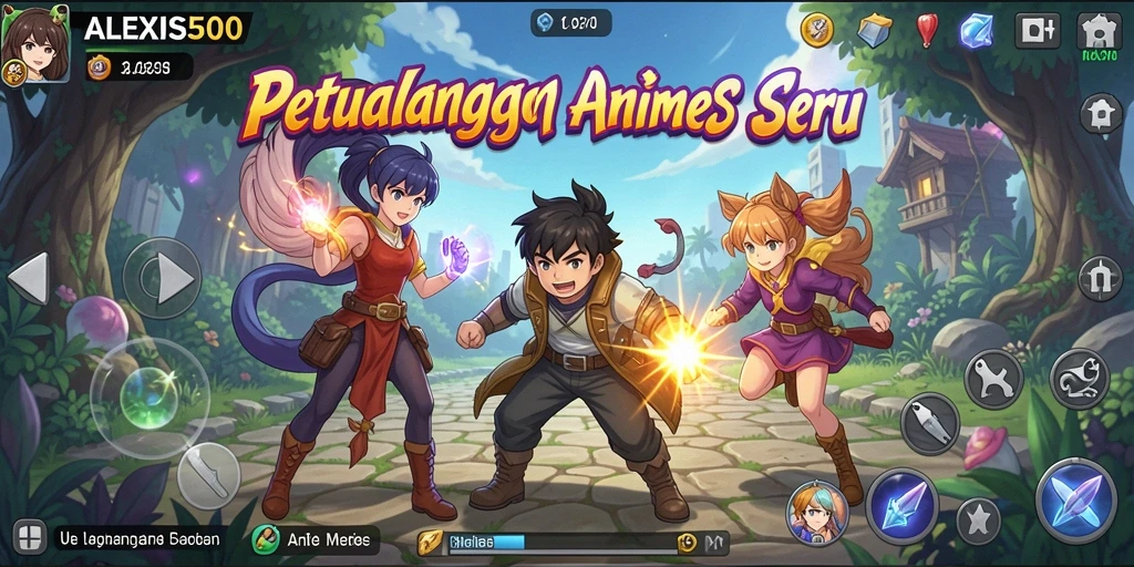 Tampilan screenshot menunjukkan karakter anime beraksi dalam pertempuran epik.