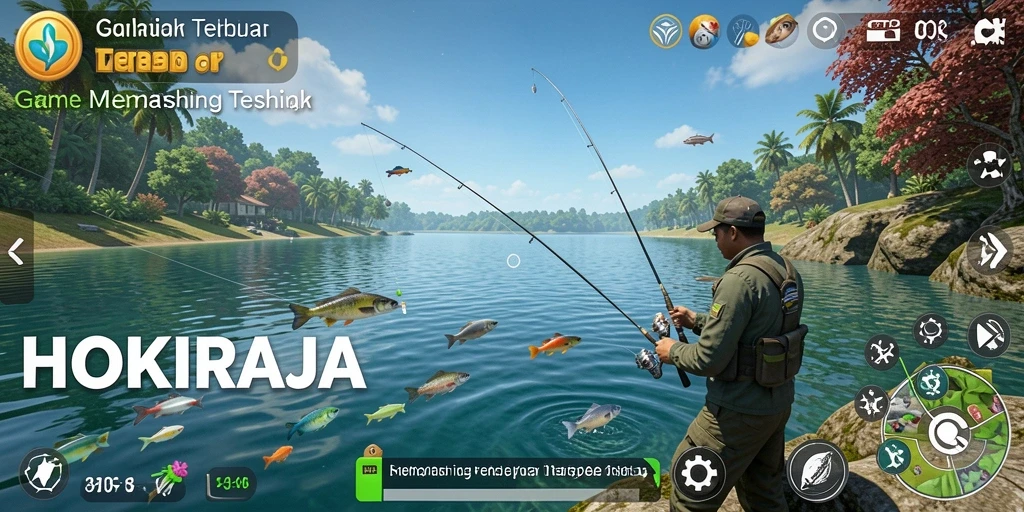 Tampilan gameplay HOKIRAJA dengan aksi memancing yang seru.