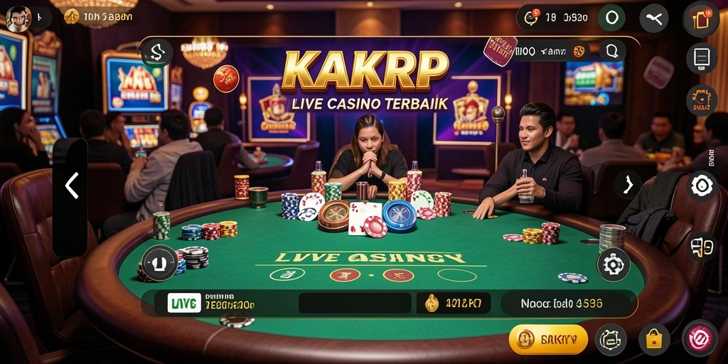 Screenshot gameplay KAKRP dengan dealer langsung dan suasana kasino nyata.