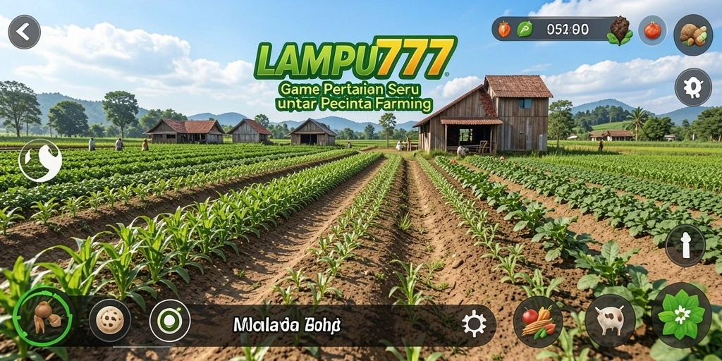 Screenshot gameplay LAMPU777 menampilkan kebun yang rimbun dan hewan ternak.