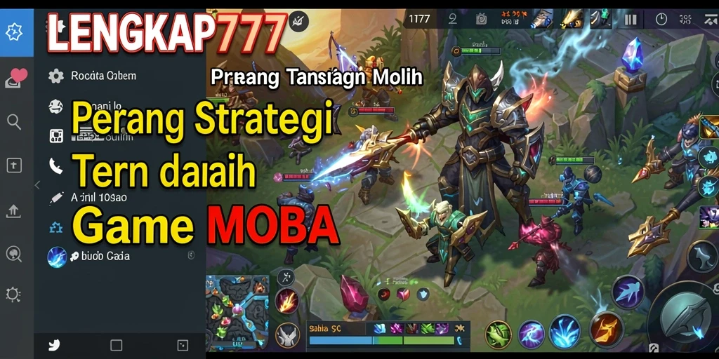 Screenshot gameplay <strong>LENGKAP777</strong> yang menampilkan pertarungan epik dalam arena MOBA.