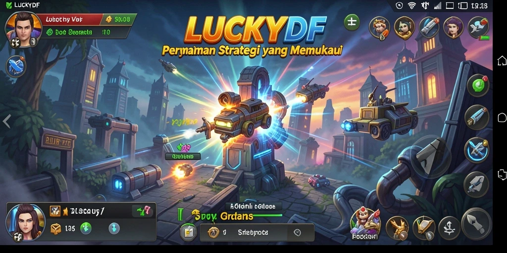 Screenshot gameplay strategic LUCKYDF dengan pertempuran intens.