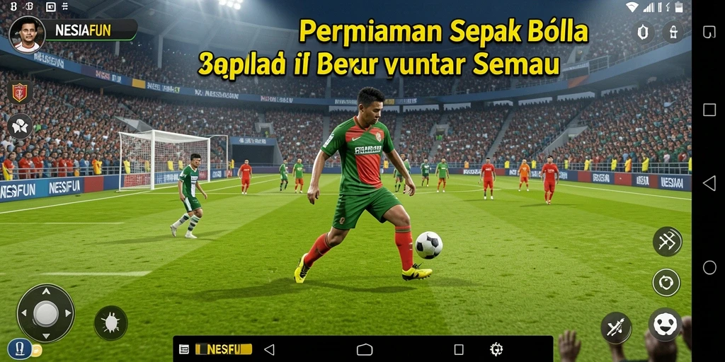 Tangkapan layar utama dari gameplay <strong>NESIAFUN</strong> menunjukkan aksi seru pertandingan sepak bola.