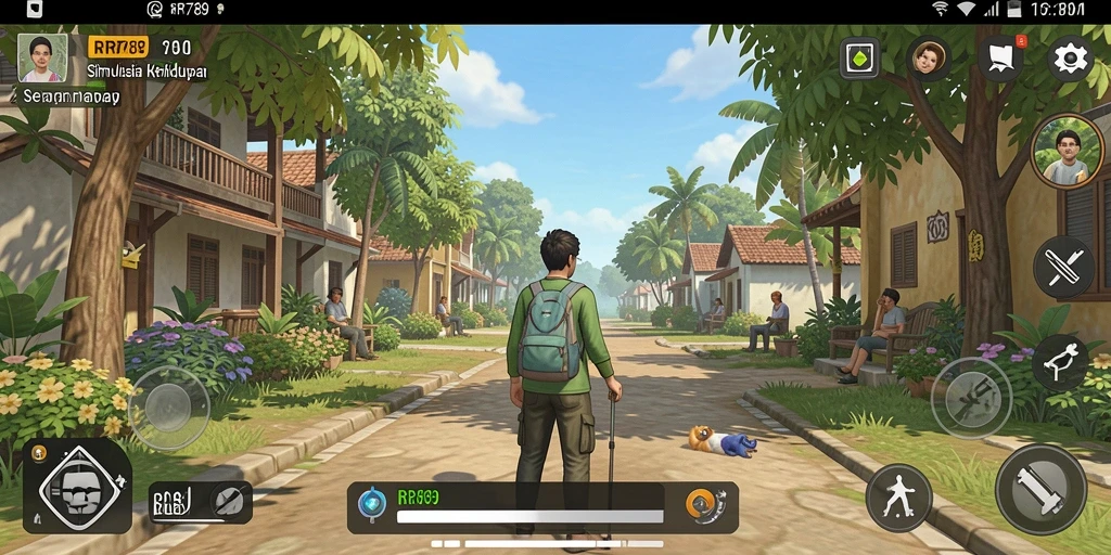 Screenshot gameplay RR789 yang menunjukkan interaksi karakter dalam dunia Simulation.