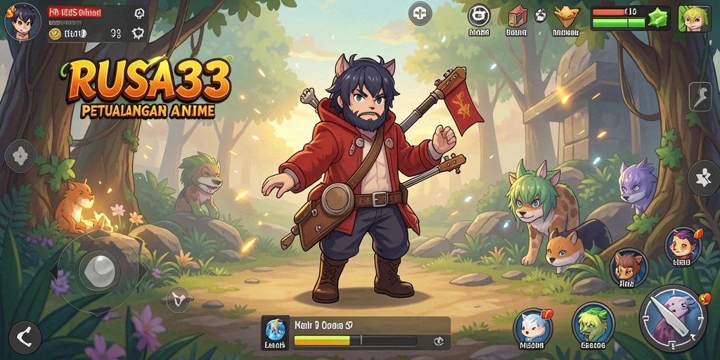 Tangkapan layar utama RUSA33 menampilkan pertarungan karakter Anime yang seru.