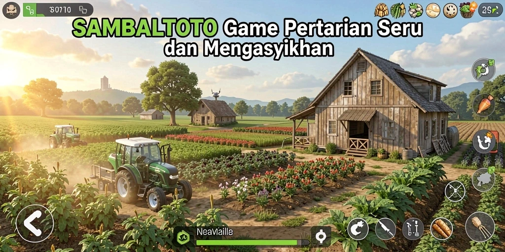 Screenshot gameplay SAMBALTOTO yang menunjukkan ladang subur dan kegiatan bertani.